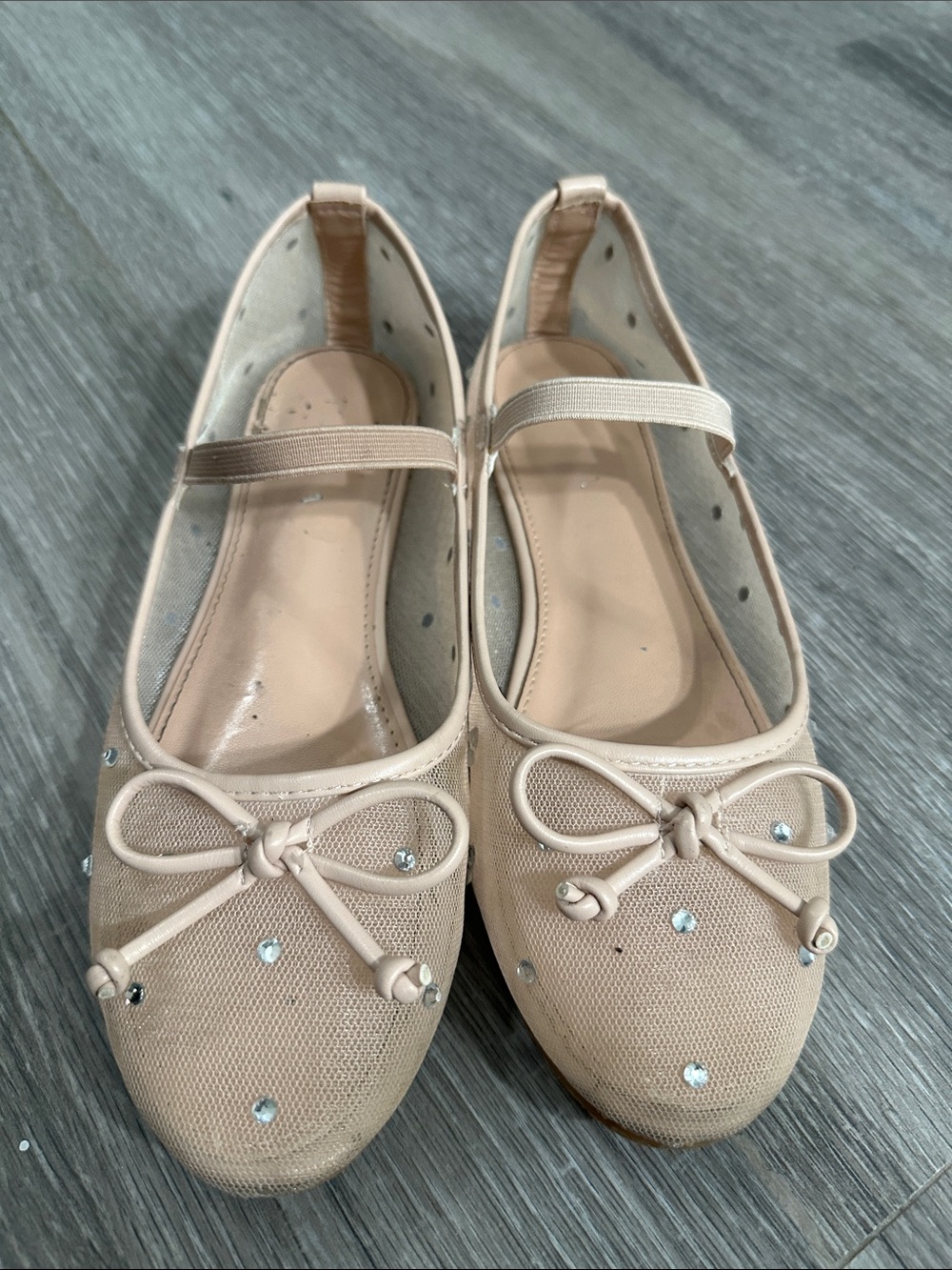 TOP Moda sheer Nude/Beige Ballet Flats with Bow & Rhinestones